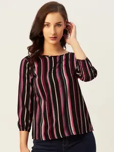 Belle Fille Black & Pink Striped Puff Sleeves Styled Back Top