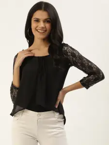 Belle Fille Black Solid Lace Inserts & Pleated Detail Regular Top