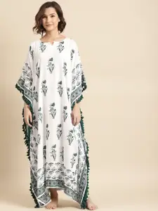 Prakrti White & Green Hand Block Mughal Boota Print Maxi Kaftan Nightdress