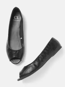 Carlton London Women Black Snakeskin Textured Peep Toe Ballerinas