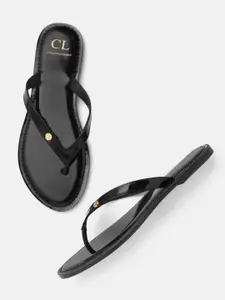 Carlton London Women Black Solid Patent Finish Open Toe Flats