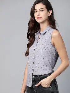 Roadster Women Grey & Black Polka Dots Print Casual Shirt