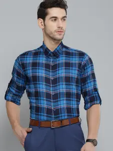 DENNISON Men Blue & Red Smart Slim Fit Checked Cotton Twill Weave Formal Shirt