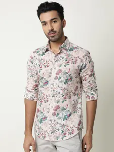 RARE RABBIT Men Off-White & Pink Tropical Printed Casual Shirt