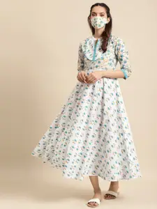 RANGMAYEE Women White & Blue Pure Cotton Printed Maxi Dress