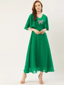 Slenor Women Green Embellished Maxi Dress With Flared Sleeves