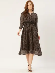 Slenor Women Brown & Black Printed A-Line Dress With Puff Sleeves