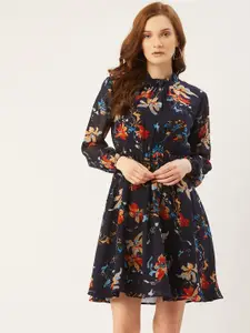 Slenor Women Navy Blue & Red Floral Printed A-Line Dress