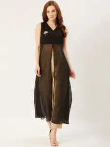 Slenor Women Black Georgette Regular Front Slit Maxi Top with Embellished Detail