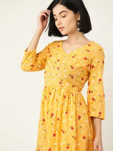Anouk Yellow & Red Pure Cotton Floral Printed A-Line Midi Dress