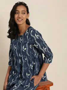 Taavi Taavi Women Navy Blue & Off-White Indigo Hand Block Print Sustainable Night Suit