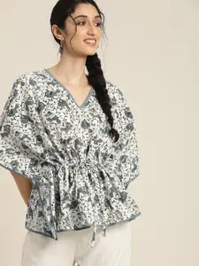 Taavi Taavi Off White & Grey Sanganeri Hand Block Print Kimono Sleeves Lounge Kaftan Top