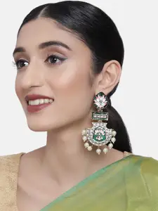 Zaveri Pearls Green & Pink Kundan Studded Meenakari Drop Earrings