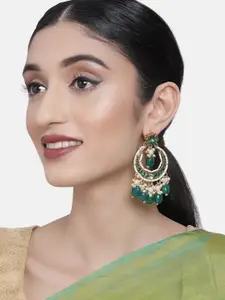 Zaveri Pearls Green & Gold Beaded Crescent Shaped Drop Earrings