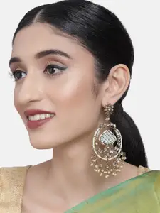 Zaveri Pearls Gold-Toned & Pastel Green & Classic Kundan Studded Drop Earrings