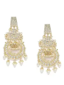 Zaveri Pearls Gold-Toned & White Classic Kundan Studded Pearl Drop Earrings