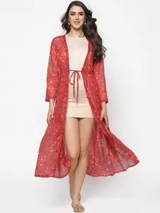 Sera Women Red & Teal Floral Printed Tie-Up Shrug