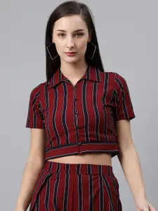 plusS Women Maroon & Black Striped Crop Casual Shirt