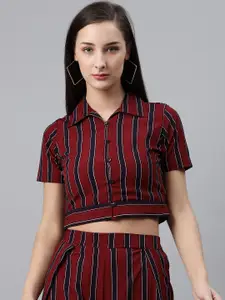 plusS Women Maroon & Black Striped Crop Casual Shirt