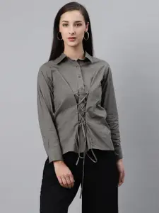 plusS Women Charcoal Grey Regular Fit Solid Casual Shirt with Lace-Up Detail