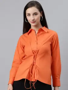 plusS Women Fetching Orange Lace-Up Solid Casual Shirt