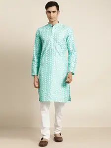SOJANYA Men Blue & White Embroidered Kurta with Churidar