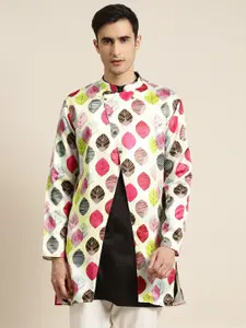 SOJANYA Men Mint Green & Magenta Leaf Print Longline Tailored Jacket with Front Slit