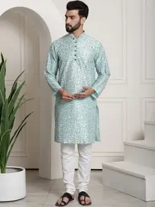 SOJANYA Men Sea Green & Off-White Printed Kurta with Churidar