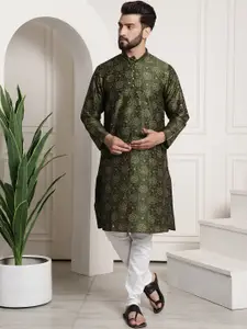 SOJANYA Men Olive Green & Off-White Printed Kurta with Churidar