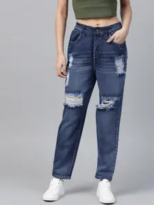 SASSAFRAS Women Blue Pure Cotton Comfort Fit High-Waist Highly Distressed Jeans