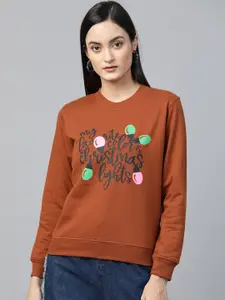 SASSAFRAS Women Brown Christmas Neon Lights Print Sweatshirt