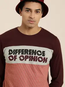 Difference of Opinion Men Burgundy  Red Printed Round Neck Pure Cotton T-shirt