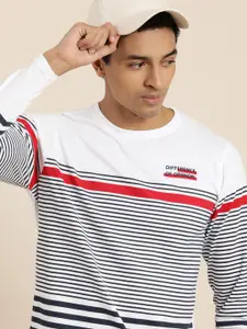 Difference of Opinion Men White Striped Round Neck T-shirt