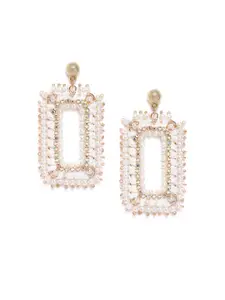 DIVA WALK EXCLUSIVE White Gold-Plated Stone-Studded Beaded Geometric Drop Earrings
