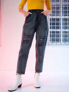 SASSAFRAS Women Navy Blue Cotton Relaxed High-Rise Highly Distressed Stretchable Jeans