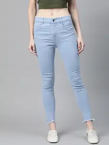 SASSAFRAS Women Blue Slim Fit High-Rise Clean Look Stretchable Raw Edge Hem Jeans