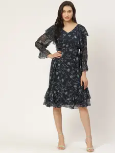 Antheaa Women Navy Blue Floral Printed Empire Dress With Belt