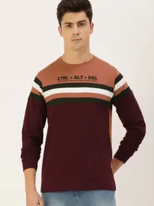 Difference of Opinion Men Brown  Burgundy Colourblocked Round Neck Pure Cotton T-shirt