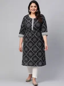YASH GALLERY Plus Size Women Black & White Bandhani Printed Straight Kurta