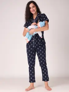 Masha Women Navy Blue & Navy Blue Printed Maternity Night suit