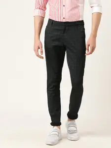 The Indian Garage Co Men Black & Grey Slim Fit Checked Regular Trousers