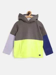 Cherry Crumble Boys Charcoal Grey & Fluorescent Green Colourblocked Hooded Sweatshirt