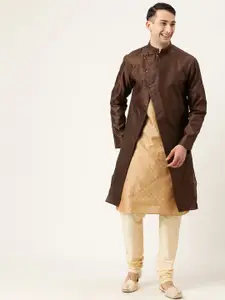 The Indian Garage Co Men Coffee Brown Solid Sherwani Jacket