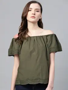 DOROTHY PERKINS Women Olive Green Solid Bardot Pure Cotton Top