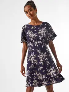 DOROTHY PERKINS Women Petite Navy Blue & Pink Floral Print A-Line Dress