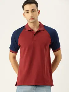 Campus Sutra Men Maroon Solid Bio Wash Polo Collar Pure Cotton T-shirt with Contrast Sleeves