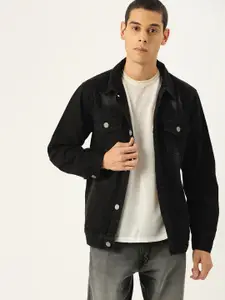 Campus Sutra Men Black Solid Bio-Wash Denim Jacket