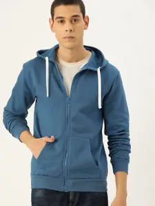 Campus Sutra Men Blue Solid Hooded Bio Wash Sweatshirt