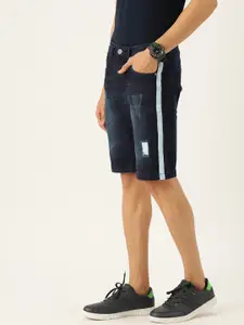 Campus Sutra Men Navy Blue Washed Distressed Regular Fit Denim Shorts