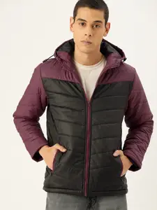 Campus Sutra Men Black & Purple Colourblocked Bio-Wash Padded Jacket